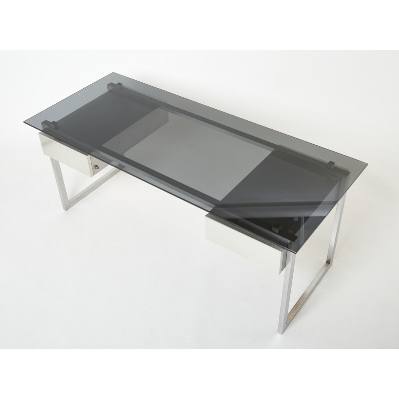 Vintage desk in brushed stainless steel and grey smoked glass by Patrice Maffei for Kappa, 1970