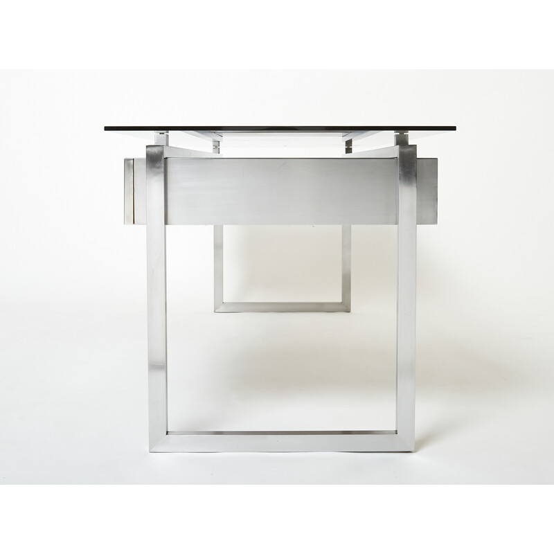 Bureau vintage en inox brossé et verre fumé gris de Patrice Maffei pour Kappa, 1970