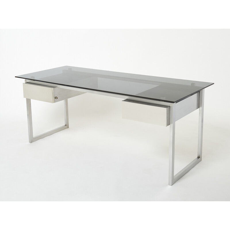 Vintage desk in brushed stainless steel and grey smoked glass by Patrice Maffei for Kappa, 1970