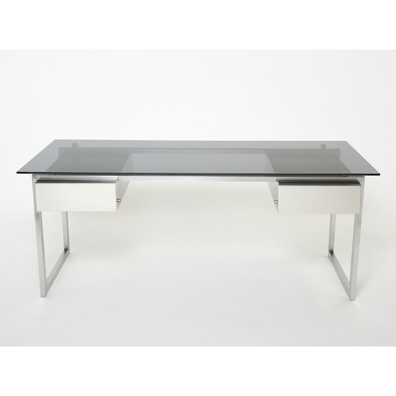 Vintage desk in brushed stainless steel and grey smoked glass by Patrice Maffei for Kappa, 1970