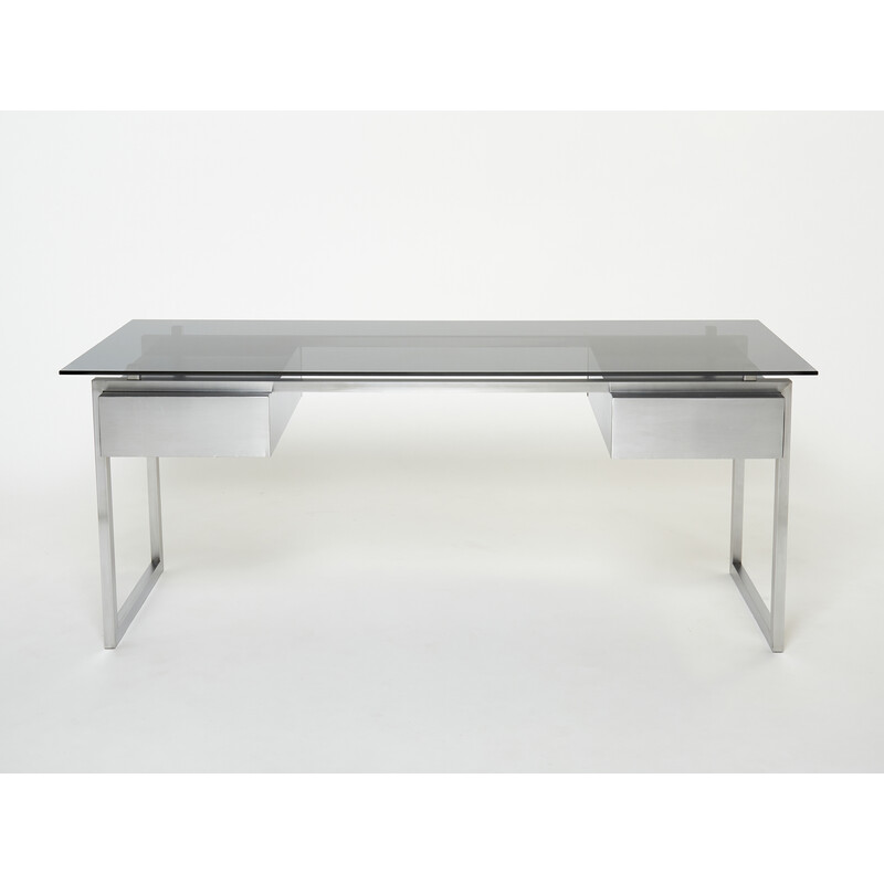 Vintage desk in brushed stainless steel and grey smoked glass by Patrice Maffei for Kappa, 1970