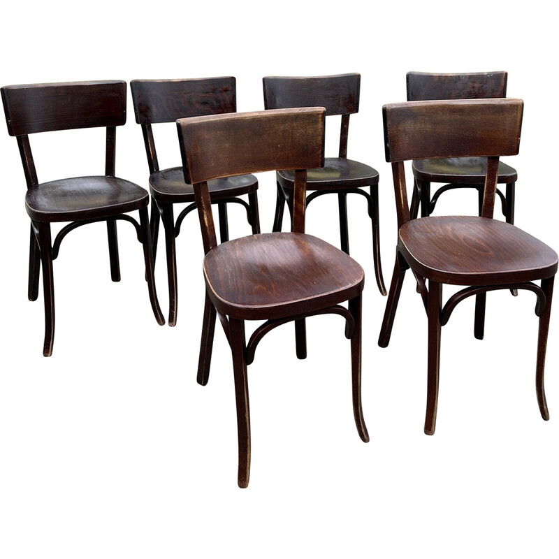 Set of 6 vintage Baumann chairs in dark wood, 1950