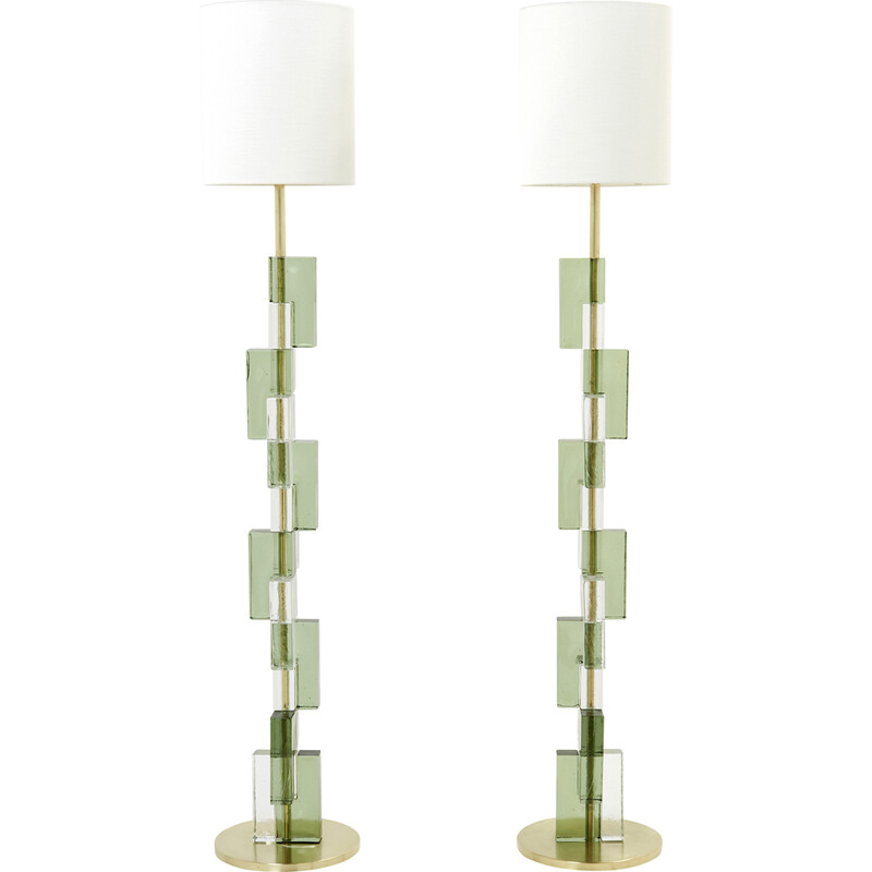 Pair of vintage Italian brass and Murano glass floor lamps, 1980