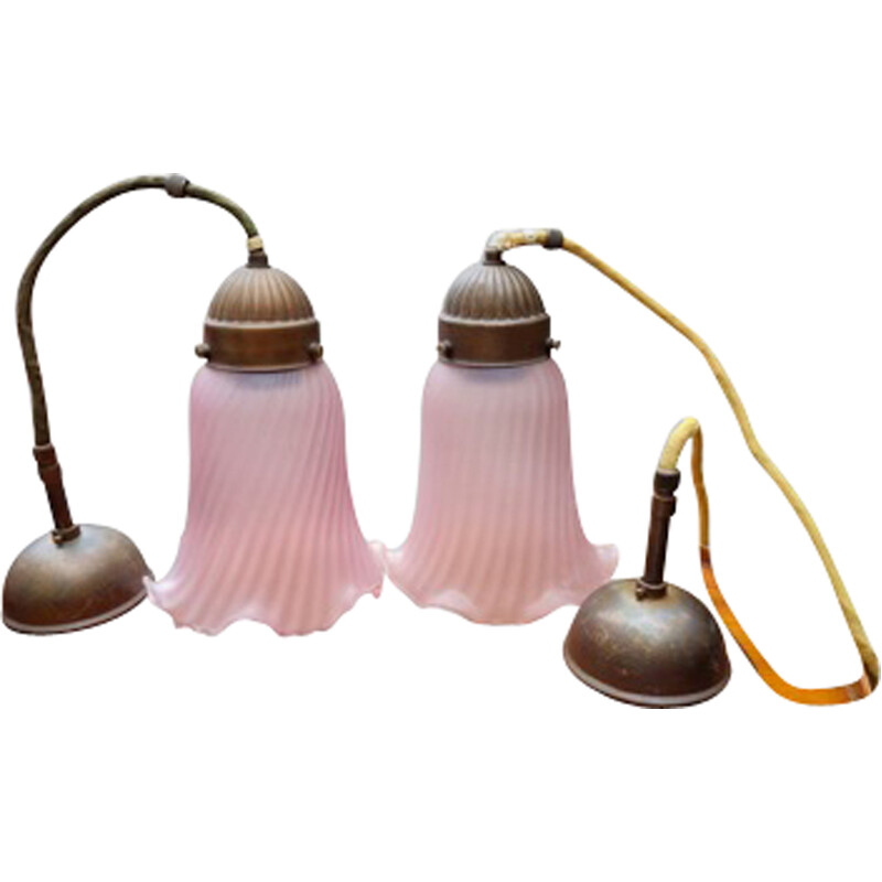 Pair of vintage pink glass and brass floral pendant lamp