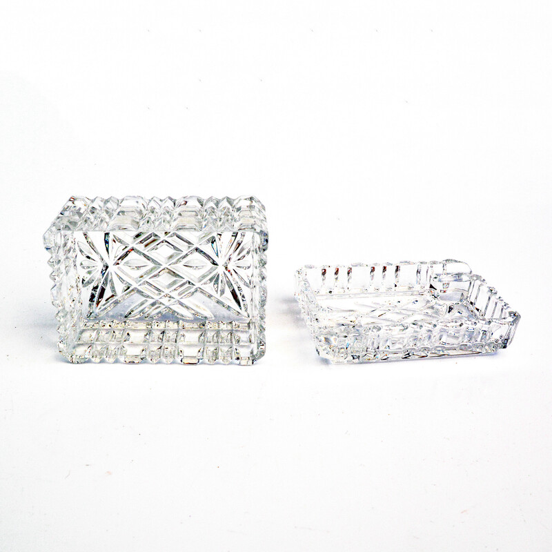 Vintage crystal ashtray with cigarette case by Julia, Poland 1980s