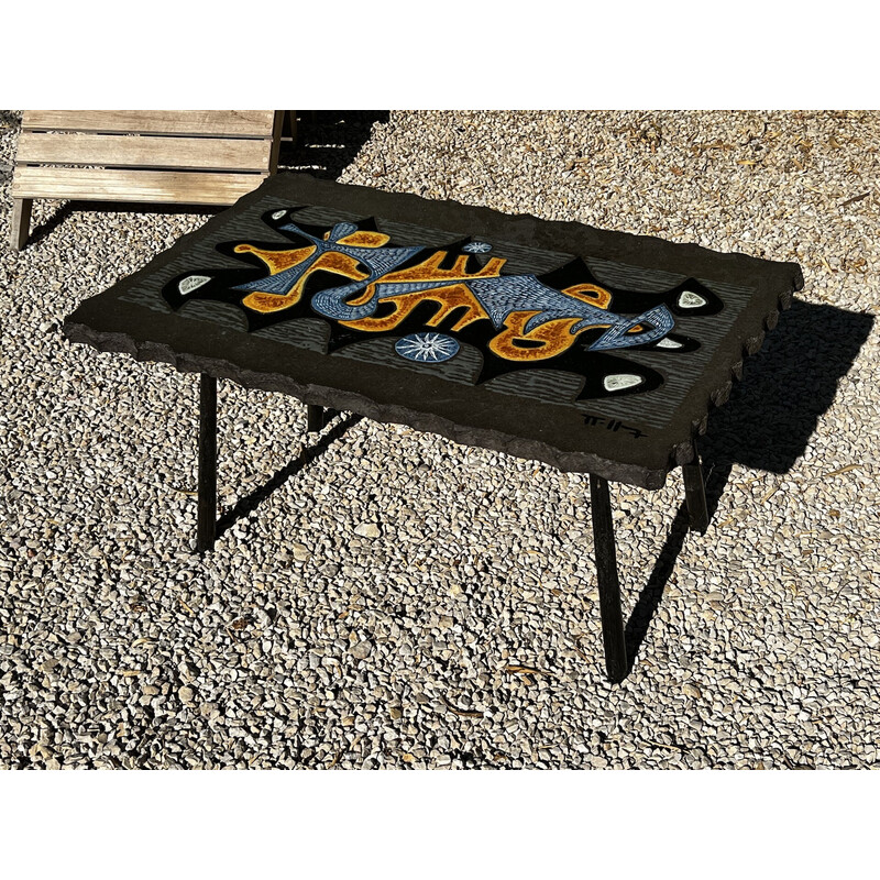 Vintage enamelled lava coffee table by Jean Jaffeux, 1950s