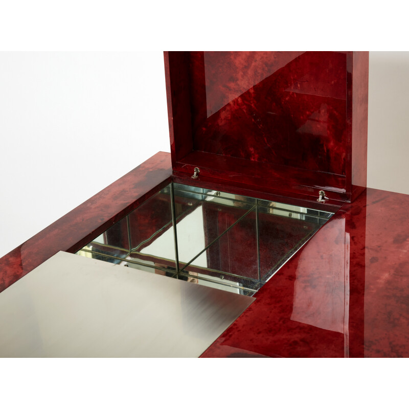 Vintage red parchment and steel coffee table with bar by Aldo Tura, Italy 1960