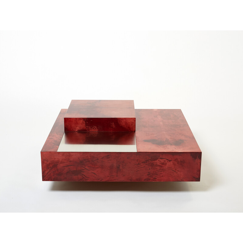 Vintage red parchment and steel coffee table with bar by Aldo Tura, Italy 1960