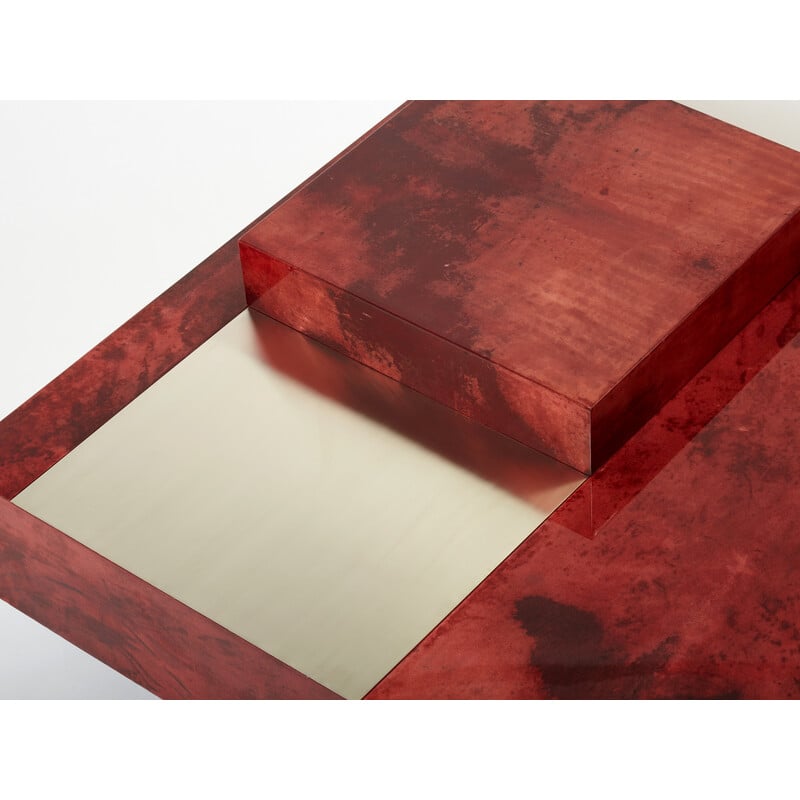 Vintage red parchment and steel coffee table with bar by Aldo Tura, Italy 1960