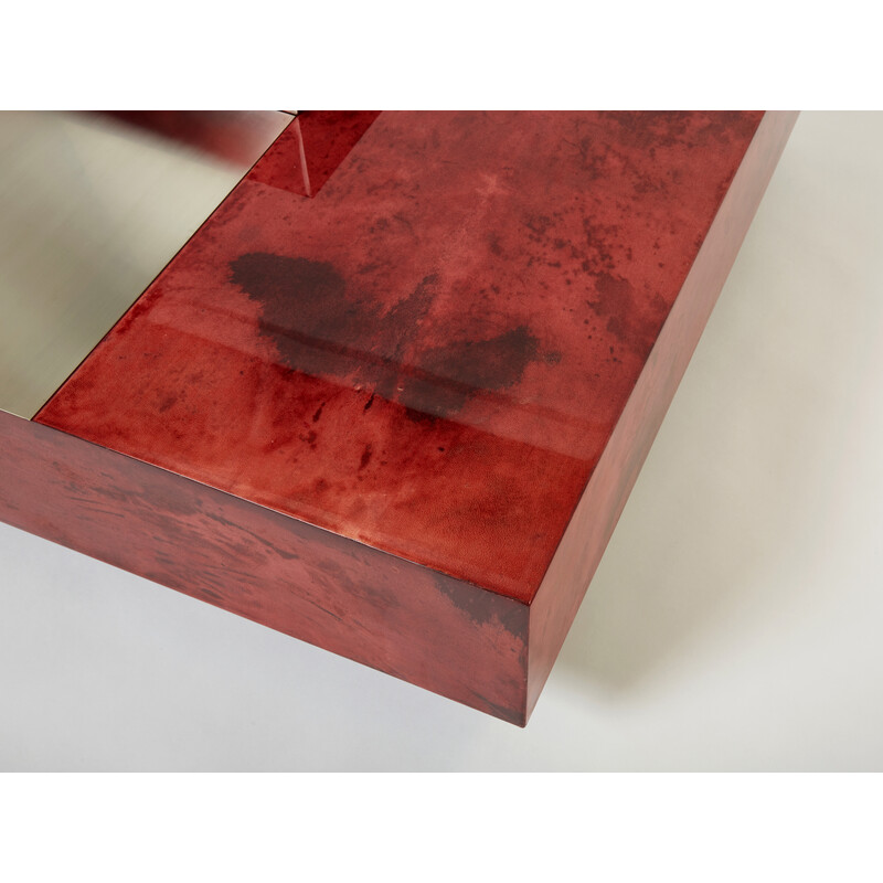 Vintage red parchment and steel coffee table with bar by Aldo Tura, Italy 1960