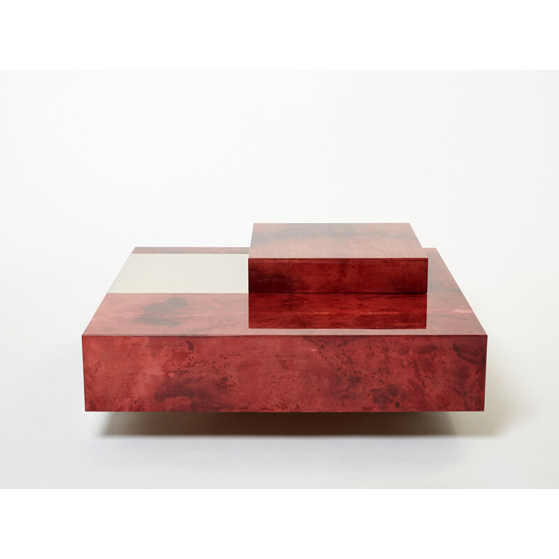 Table basse vintage en parchemin rouge et acier avec bar par Aldo Tura, Italie 1960