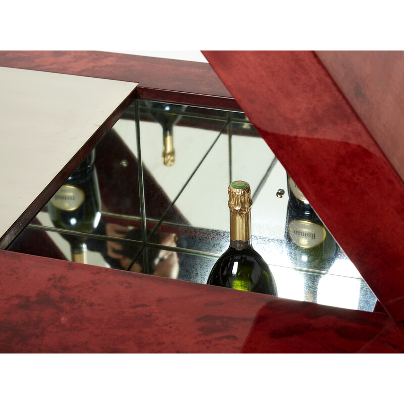 Mesa de café em pergaminho vermelho vintage e aço com bar de Aldo Tura, Itália 1960