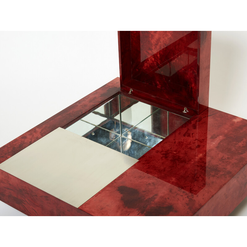 Vintage red parchment and steel coffee table with bar by Aldo Tura, Italy 1960