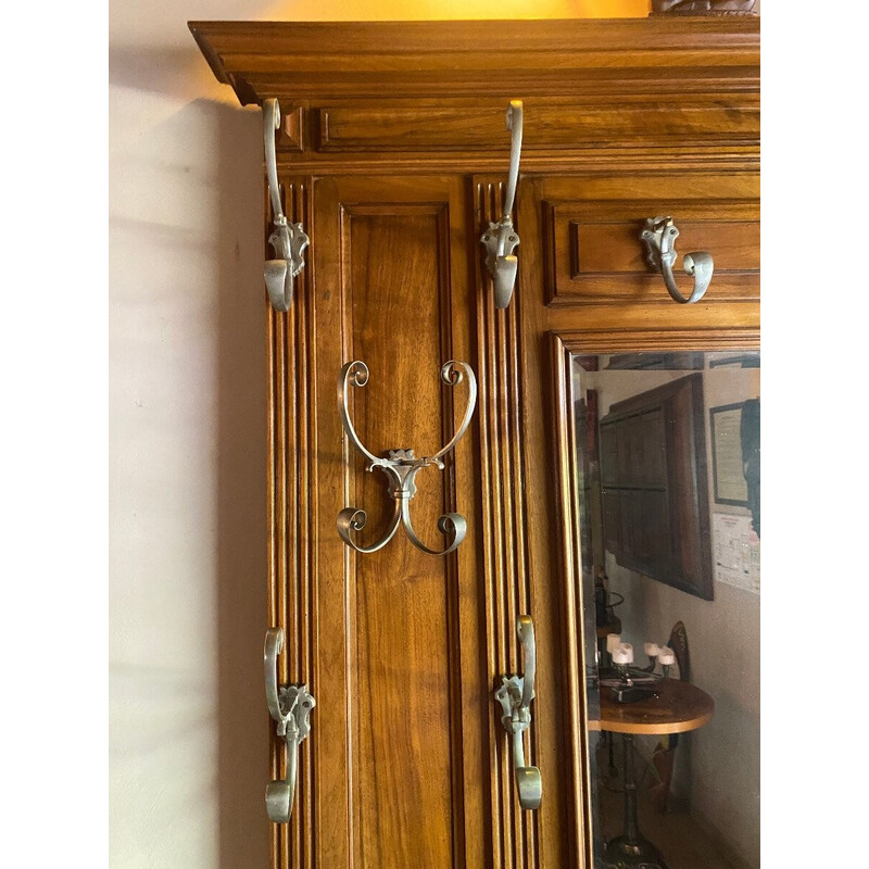 Vintage coat rack Henri II in solid walnut with mirror