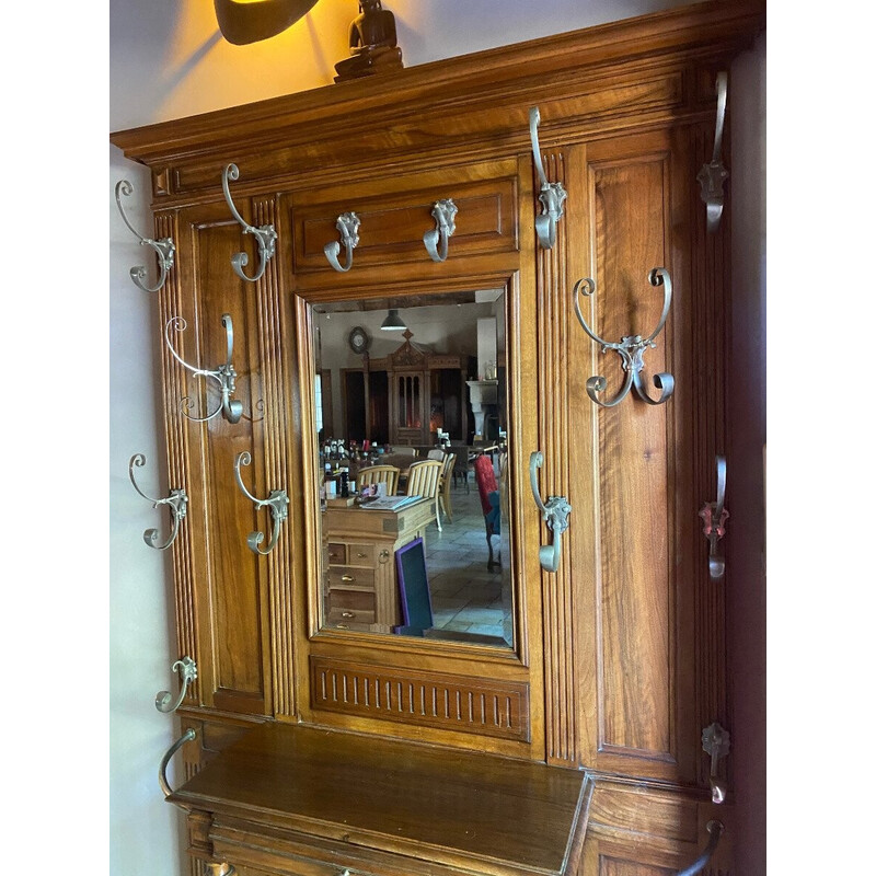 Vintage coat rack Henri II in solid walnut with mirror