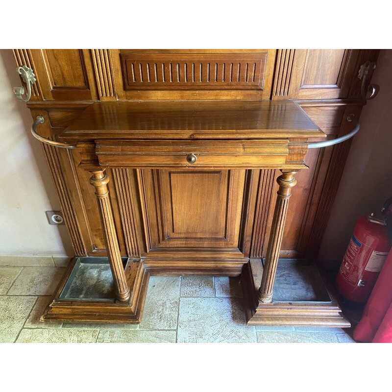 Vintage coat rack Henri II in solid walnut with mirror