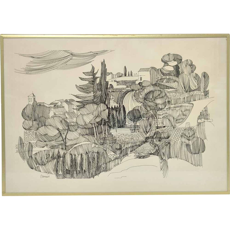 Vintage-Zeichnung mit schwarzer Tinte "Provenzalische Landschaft".