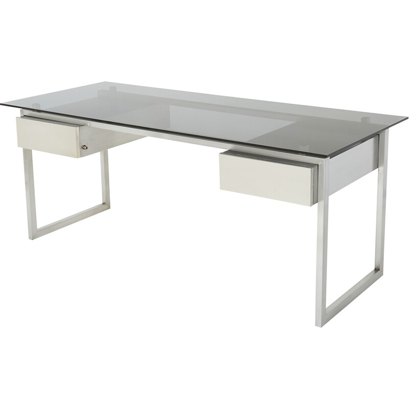 Vintage desk in brushed stainless steel and grey smoked glass by Patrice Maffei for Kappa, 1970