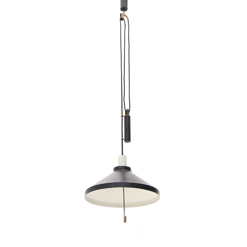 Lampadario italiano vintage in metallo bianco e nero, 1950