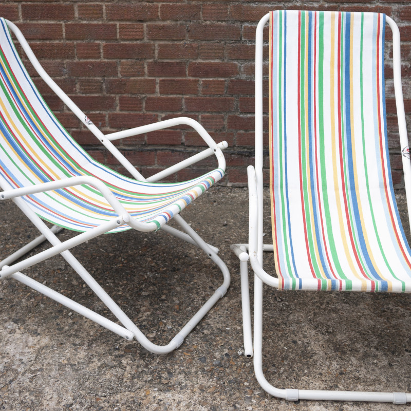 Vintage Italian tubular metal and striped fabric deckchair by Grand Soleil, 1980-1989