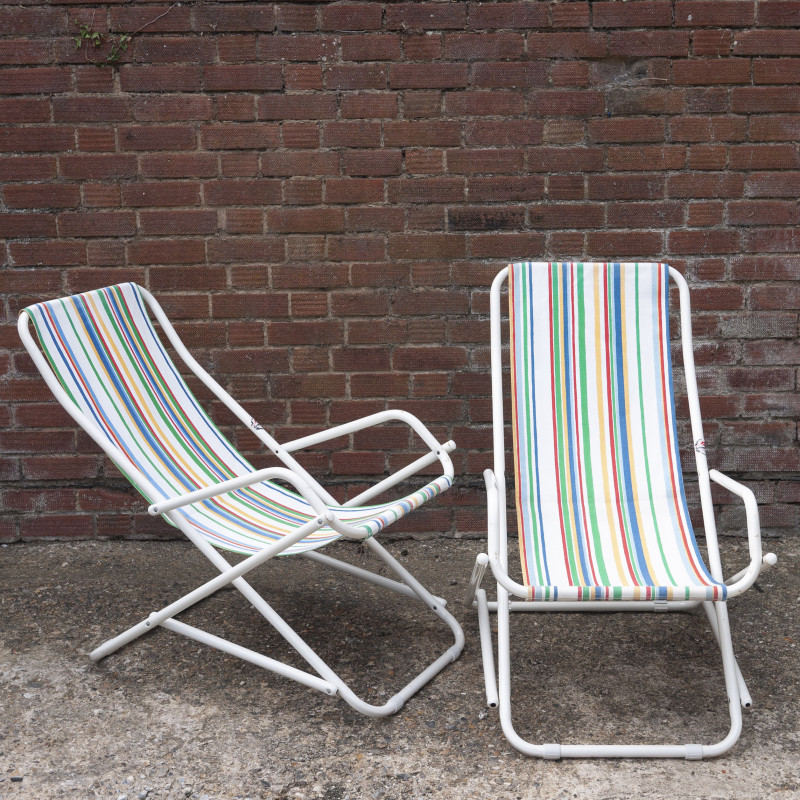 Vintage Italian tubular metal and striped fabric deckchair by Grand Soleil, 1980-1989