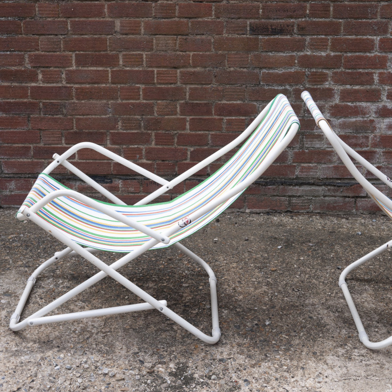 Vintage Italian tubular metal and striped fabric deckchair by Grand Soleil, 1980-1989