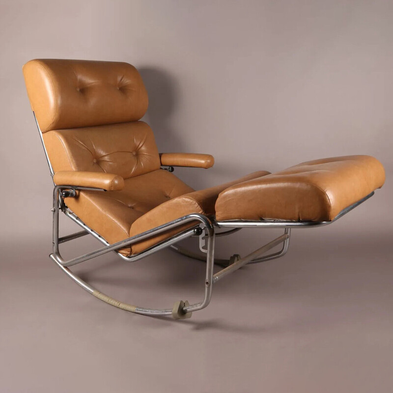 Cadeira de baloiço de couro Vintage, 1960
