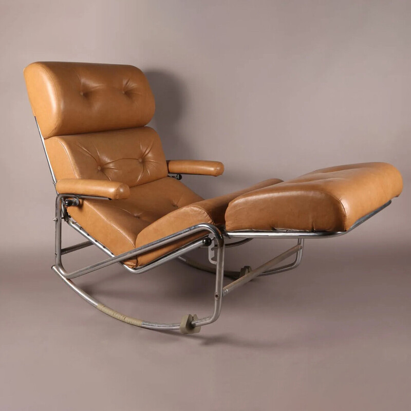 Silla mecedora de cuero vintage, 1960