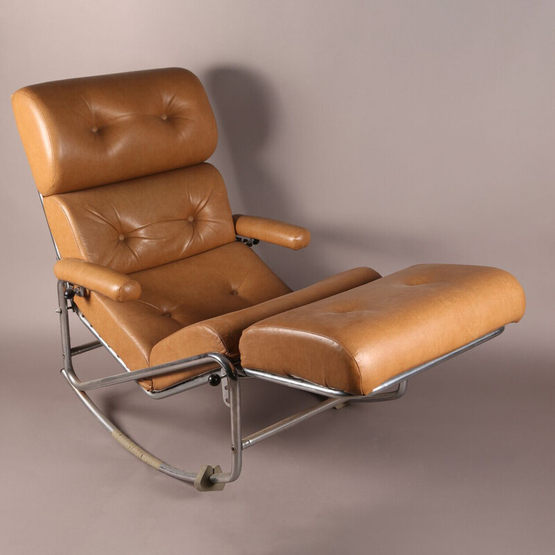 Silla mecedora de cuero vintage, 1960