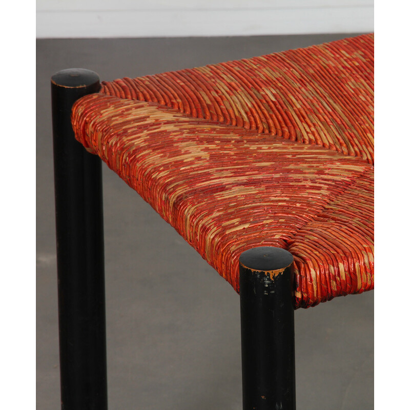 Vintage black wood and red straw stool, 1960