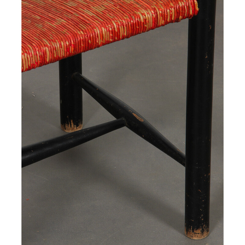 Vintage black wood and red straw stool, 1960