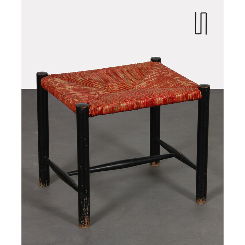 Sgabello vintage in legno nero e paglia rossa, 1960