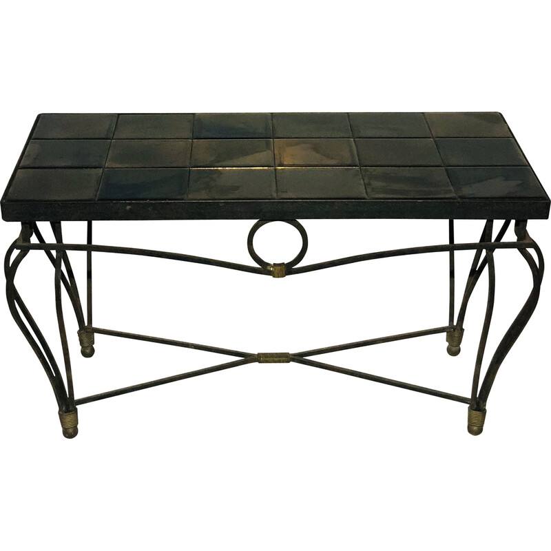 Tavolino vintage con base in ferro battuto e piano in ceramica