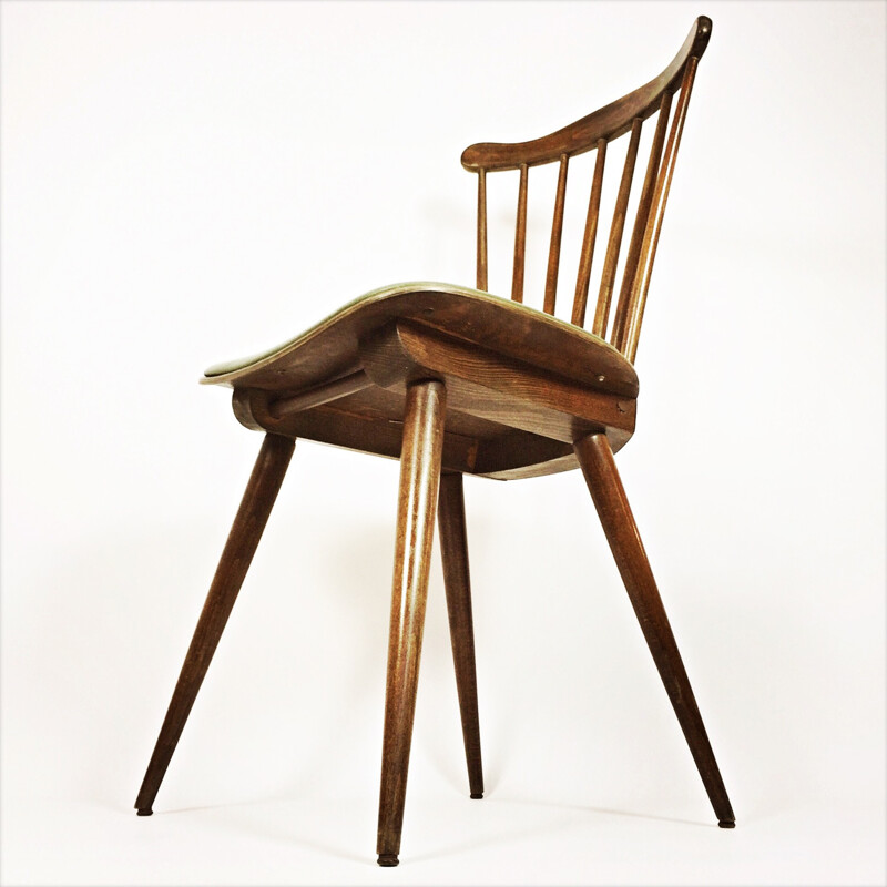 Chaise vintage en bois et simili cuir vert - 1960