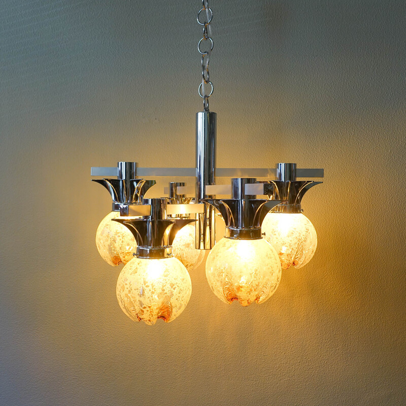 Vintage chrome and glass chandelier by Gaetano Sciolari for Mazzega, Italy 1970s