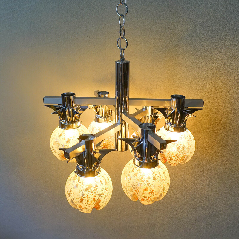 Vintage chrome and glass chandelier by Gaetano Sciolari for Mazzega, Italy 1970s