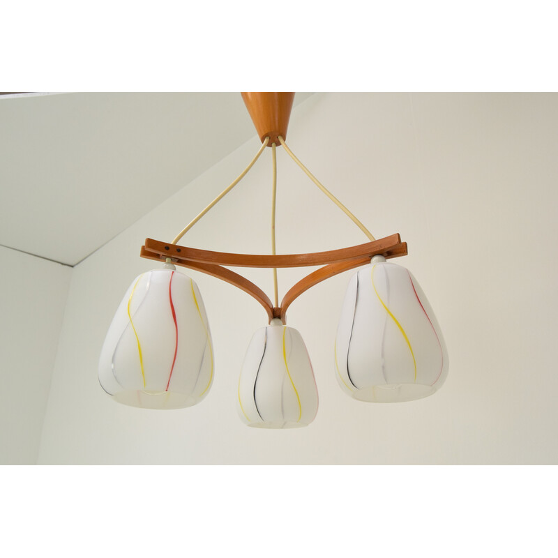 Mid-century wood and glass chandelier, Czechoslovakia 1960s