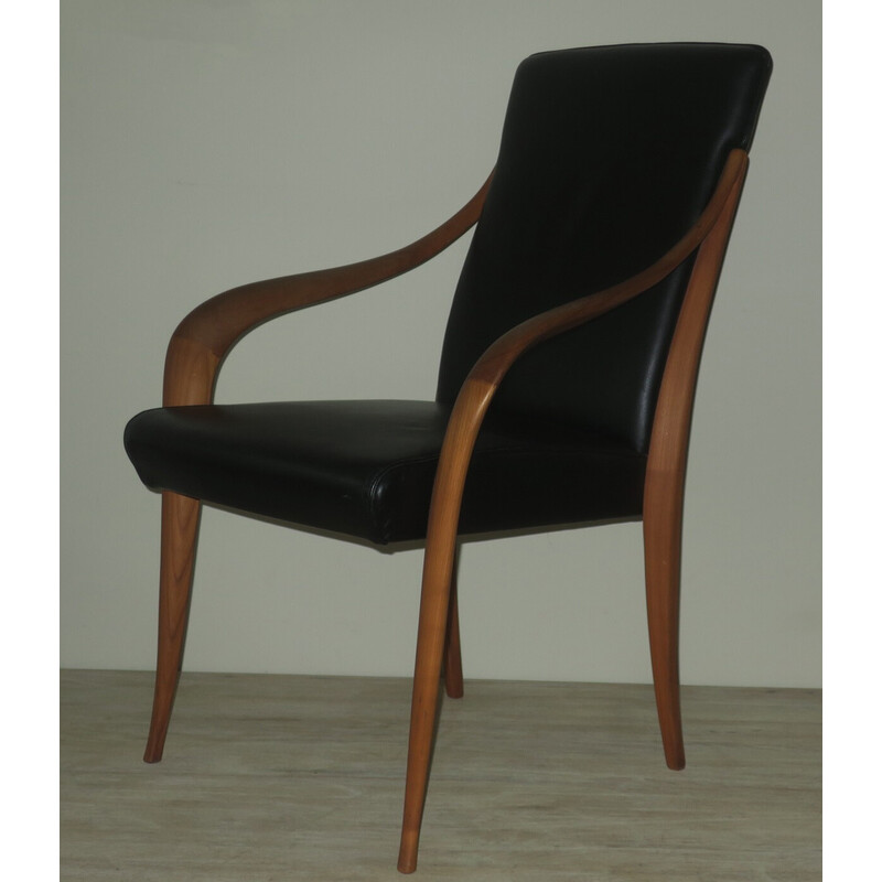 Vintage zwart lederen fauteuil met gebogen armen