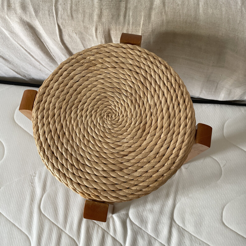 Vintage wood and rope stool, 1970s