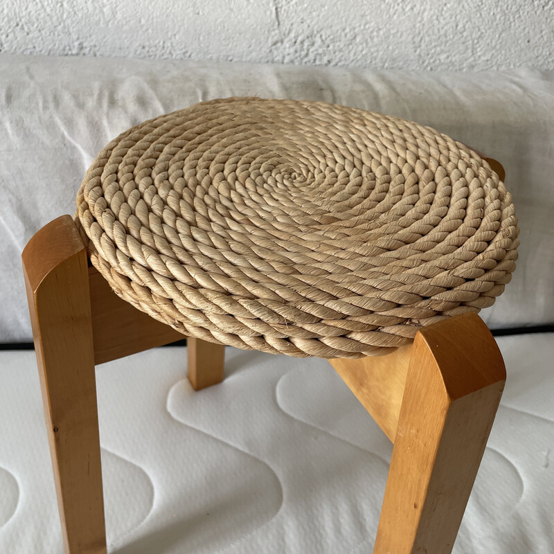 Vintage wood and rope stool, 1970s