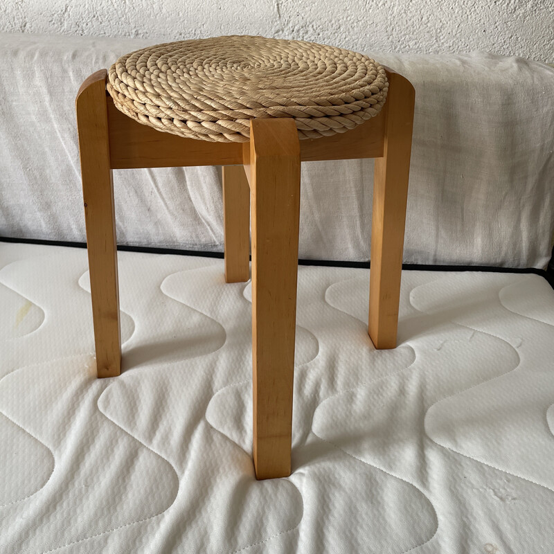 Vintage wood and rope stool, 1970s