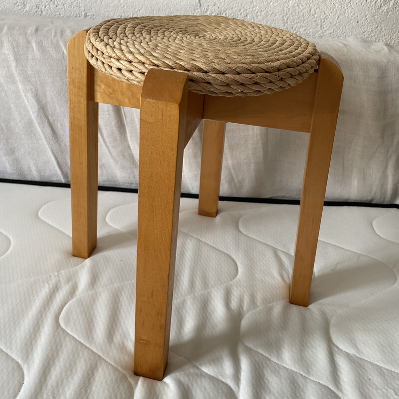 Vintage-Hocker aus Holz und Seil, 1970