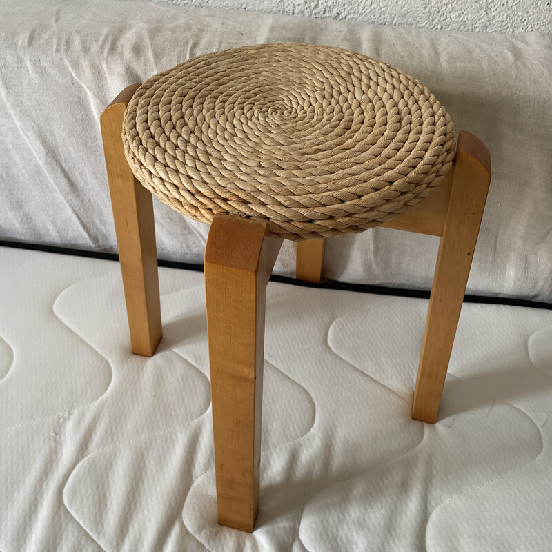 Vintage wood and rope stool, 1970s