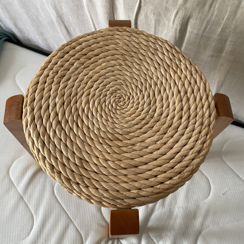 Vintage wood and rope stool, 1970s