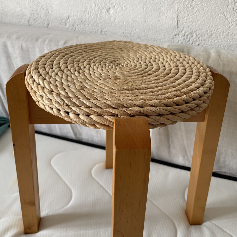 Vintage wood and rope stool, 1970s