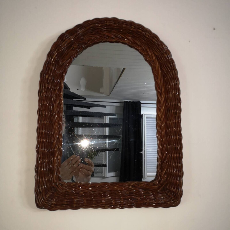 Vintage wall mirror with rattan frame on wood, Italy 1960