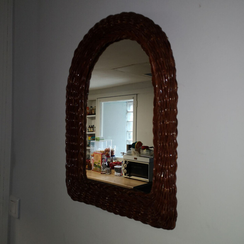 Vintage wall mirror with rattan frame on wood, Italy 1960