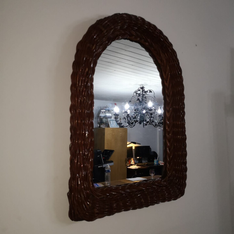 Specchio da parete vintage con cornice in rattan su legno, Italia 1960