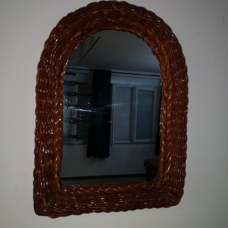 Vintage wall mirror with rattan frame on wood, Italy 1960