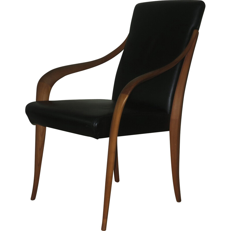 Vintage zwart lederen fauteuil met gebogen armen